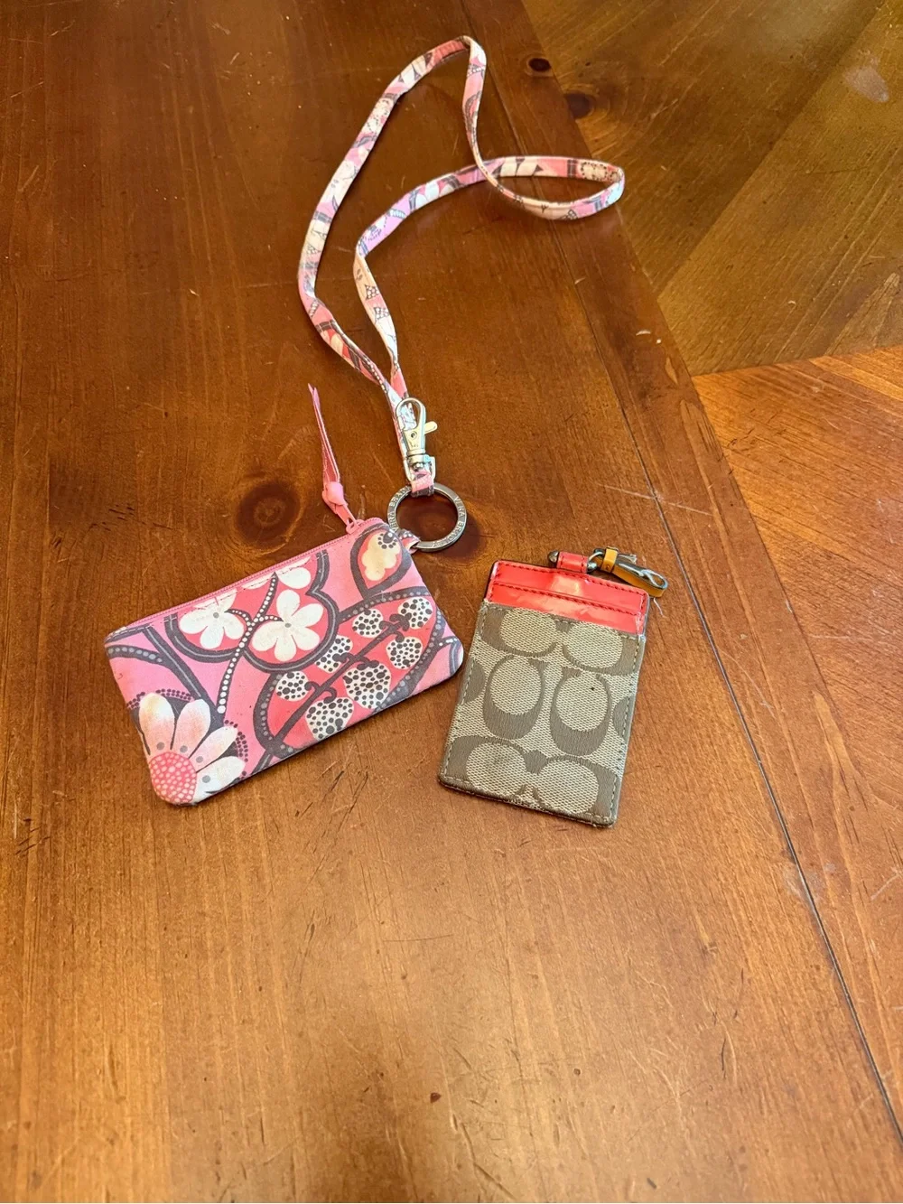 Coach Tan Signature Card Holder with Coral Trim